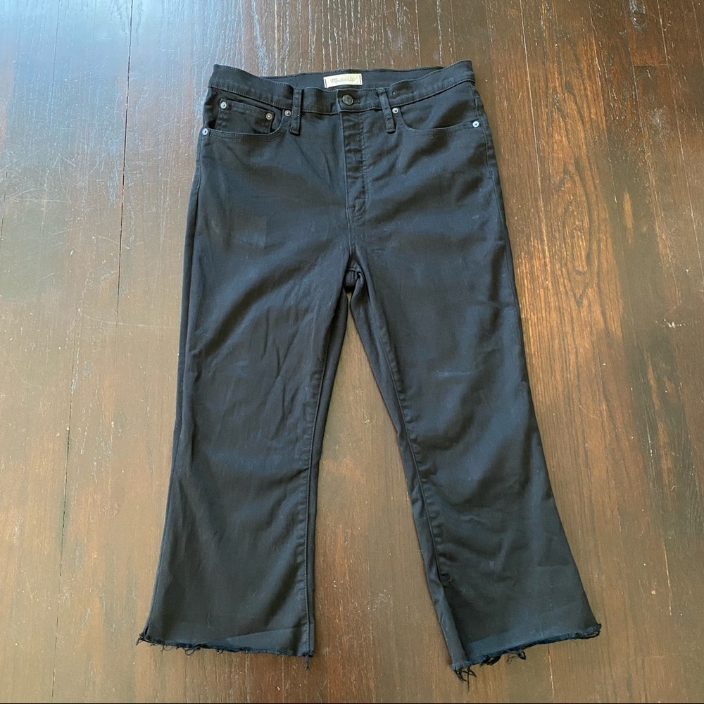 Black cali demi-boot cut ankle crop jeans, size 30. Raw ankle edge